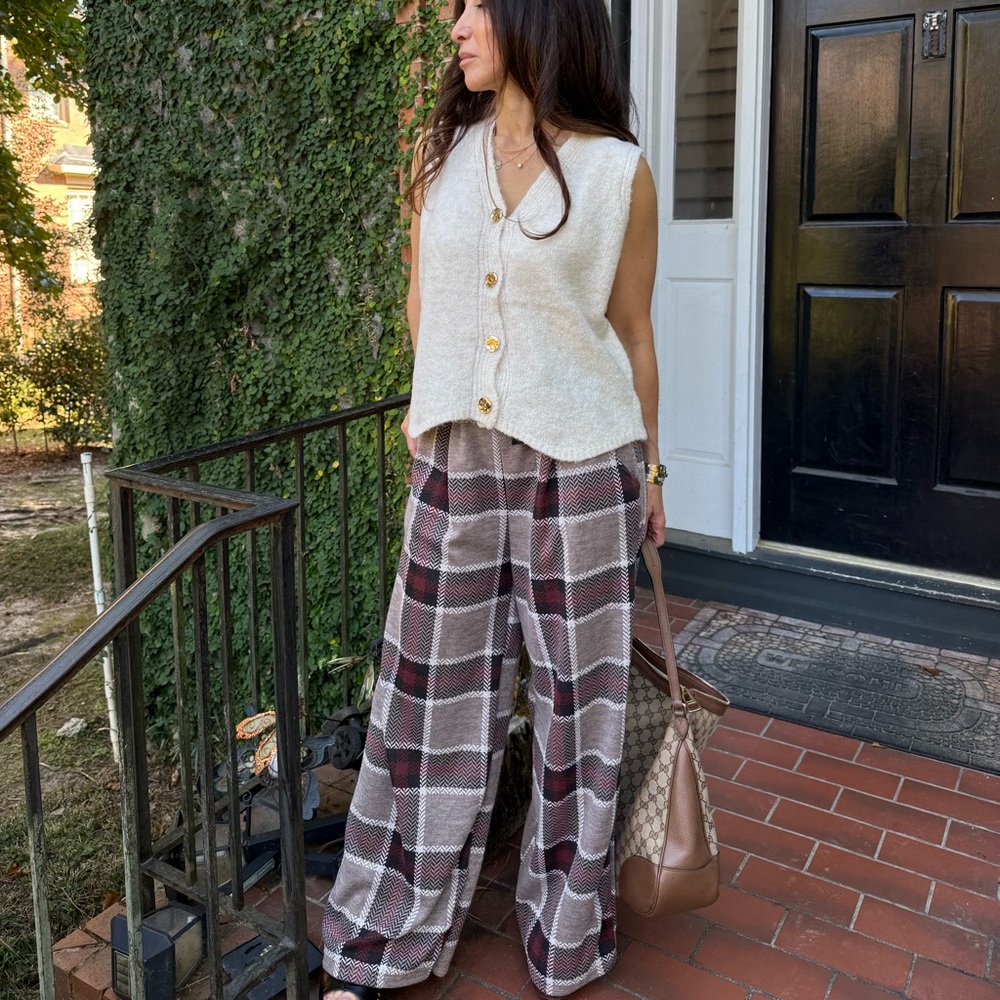 MADE IN ITALY Plaid Wide-Leg Pants - Brown and Red